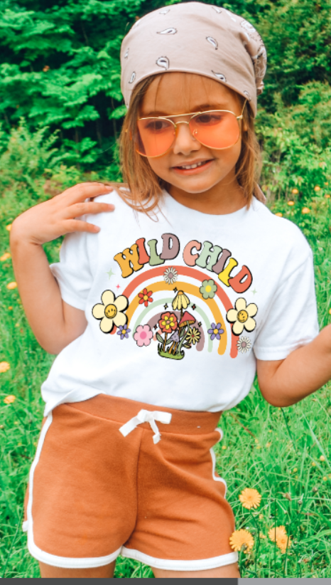Wild child little girls boho mushroom and rainbow graphic tee