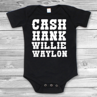 Cash hank willie waylon unisex short sleeve baby bodysuit. 
