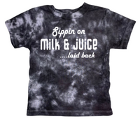 
              kids tie dye t-shirt. Hip hop inspired sippin on milk and juice laid back design. 
            