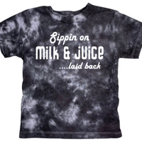 kids tie dye t-shirt. Hip hop inspired sippin on milk and juice laid back design. 